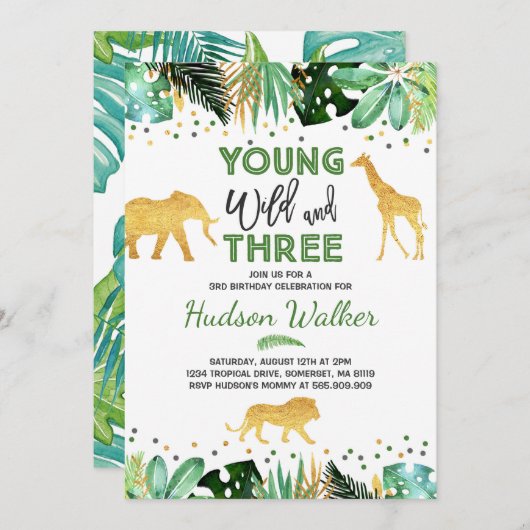 Young Wild and Three Birthday Invitation Oerwoud Kaart (Voorkant / Achterkant)