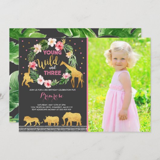 Young Wild and Three Birthday Invitation Oerwoud Kaart (Voorkant / Achterkant)