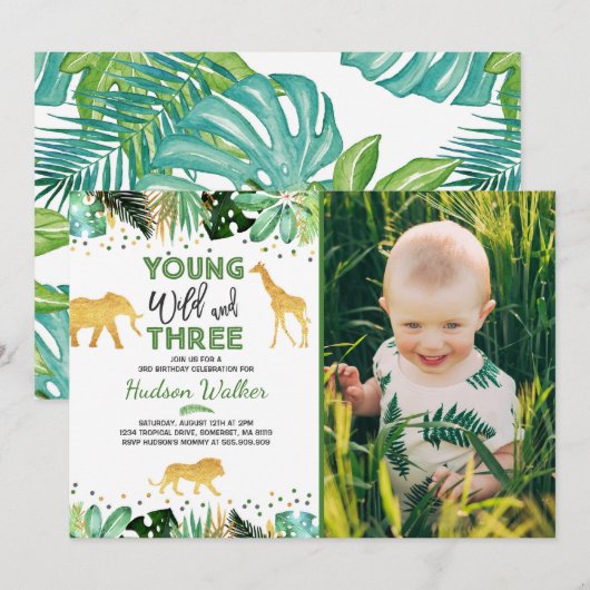Young Wild and Three Birthday Invitation Oerwoud Kaart (Voorkant / Achterkant)