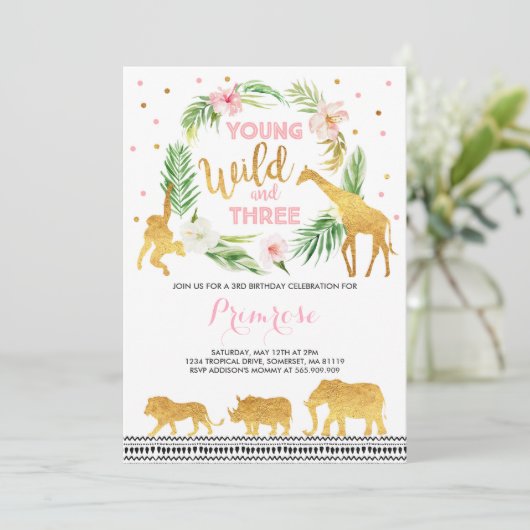Young Wild and Three Birthday Invitation Oerwoud Kaart (Staand voorkant)