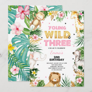 Young Wild and Three Birthday Invite Safari Party Kaart