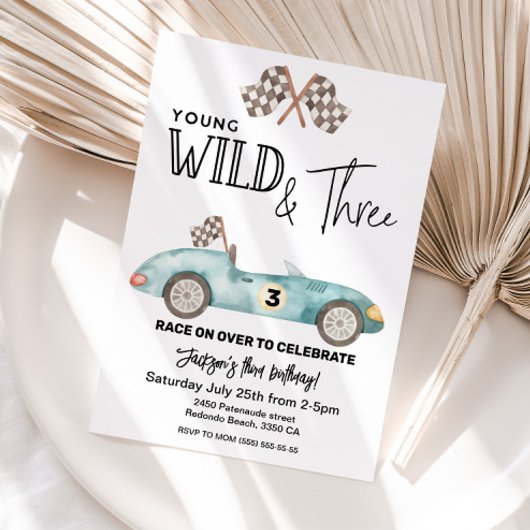 Young Wild and THREE Blue Race car 3rd birthday Kaart
