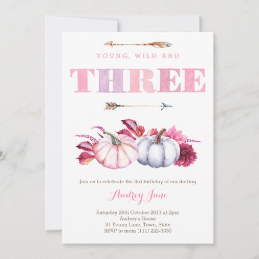 Young Wild and Three, Boho 3rd Birthday Party Kaart (Voorkant)