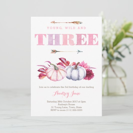 Young Wild and Three, Boho 3rd Birthday Party Kaart (Staand voorkant)