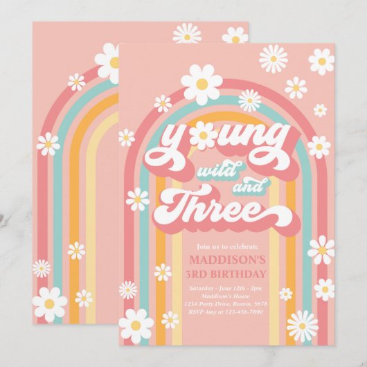 Young Wild and Three Boho Daisy Rainbow Birthday Kaart (Voorkant / Achterkant)