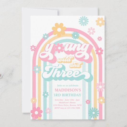 Young Wild and Three Boho Daisy Rainbow Birthday Kaart (Voorkant)