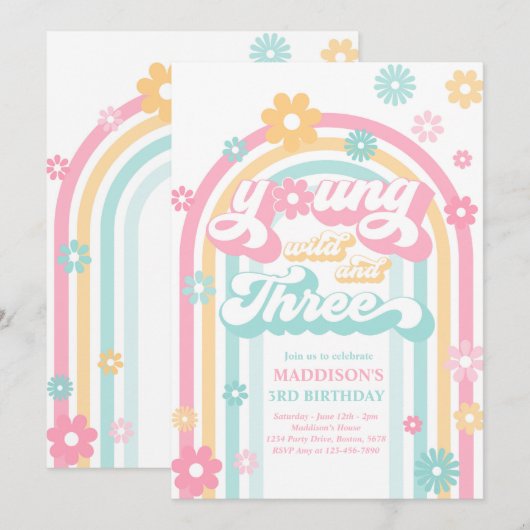 Young Wild and Three Boho Daisy Rainbow Birthday Kaart (Voorkant / Achterkant)