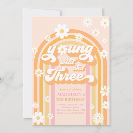 Young Wild and Three Boho Daisy Rainbow Birthday Kaart (Voorkant)