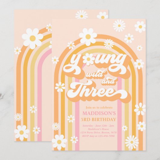 Young Wild and Three Boho Daisy Rainbow Birthday Kaart (Voorkant / Achterkant)