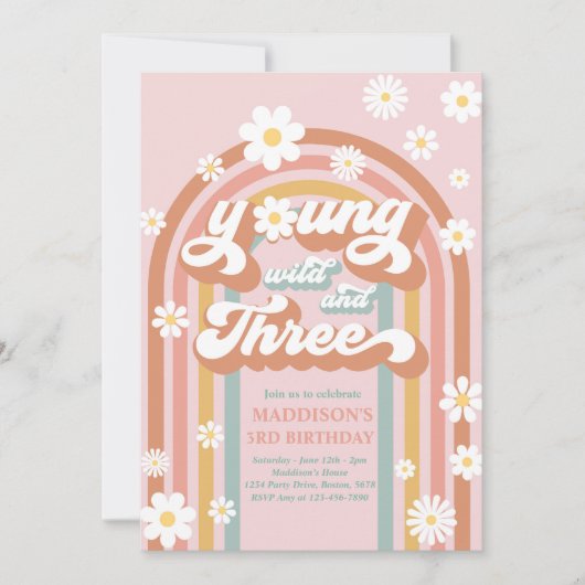 Young Wild and Three Boho Daisy Rainbow Birthday Kaart (Voorkant)
