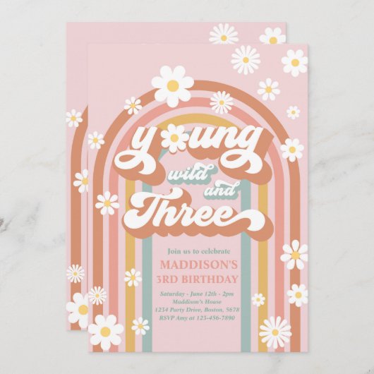 Young Wild and Three Boho Daisy Rainbow Birthday Kaart (Voorkant / Achterkant)