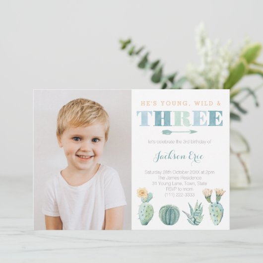 Young Wild and THREE Cacti 3rd Birthday Boy Kaart (Staand voorkant)