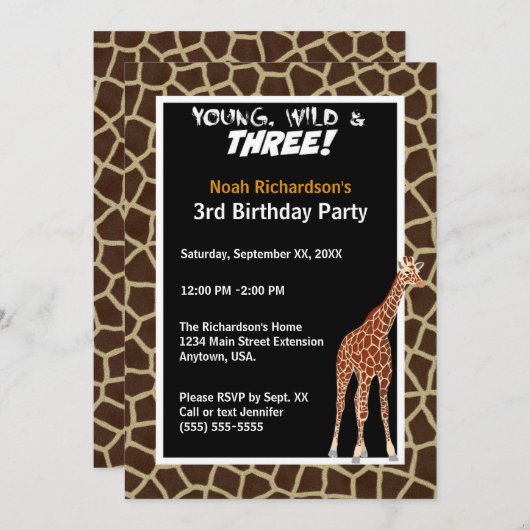 Young Wild and Three Giraffe Safari Birthday Party Kaart (Voorkant / Achterkant)