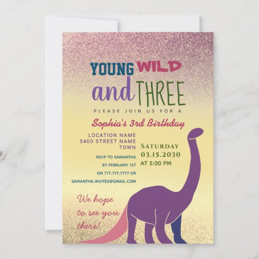 Young Wild and Three Girl 3rd Birthday Invitation Kaart (Voorkant)