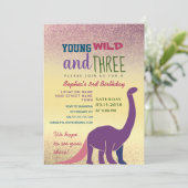 Young Wild and Three Girl 3rd Birthday Invitation Kaart (Staand voorkant)