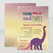 Young Wild and Three Girl 3rd Birthday Invitation Kaart (Voorkant / Achterkant)
