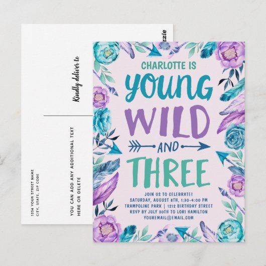 Young Wild and Three Girls Birthday Party Briefkaart (Voorkant / Achterkant)
