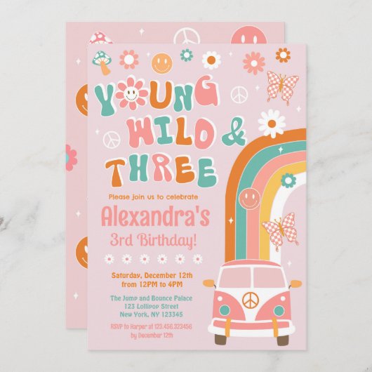 Young Wild and Three Groovy Birthday Invitations Kaart (Voorkant / Achterkant)