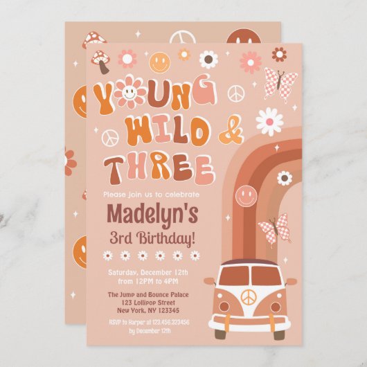 Young Wild and Three Groovy Birthday Invitations Kaart (Voorkant / Achterkant)