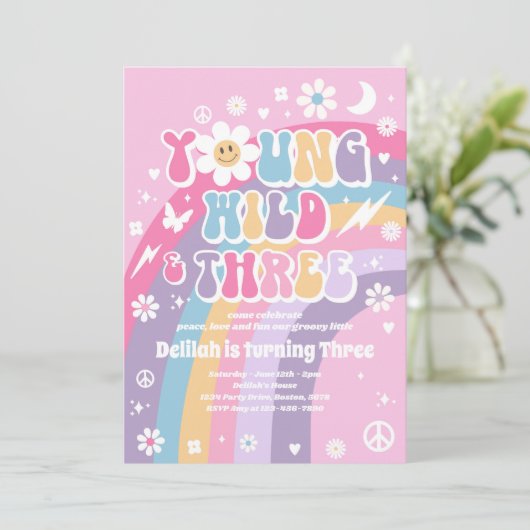 Young Wild and Three Hippie 3rd Birthday Party Kaart (Staand voorkant)
