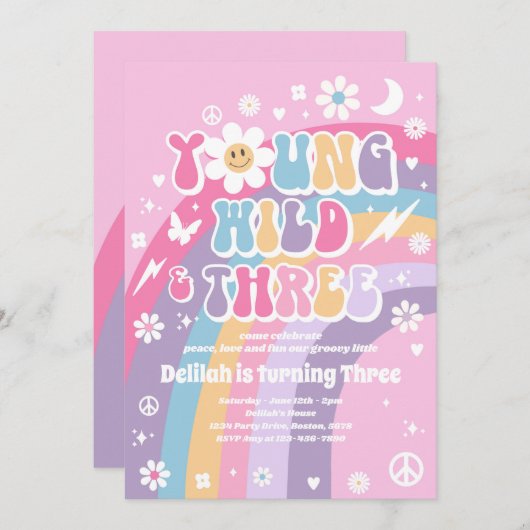 Young Wild and Three Hippie 3rd Birthday Party Kaart (Voorkant / Achterkant)