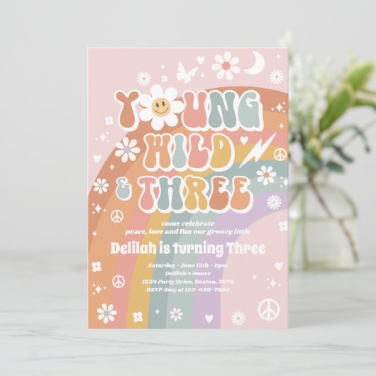 Young Wild and Three Hippie 3rd Birthday Party Kaart (Staand voorkant)