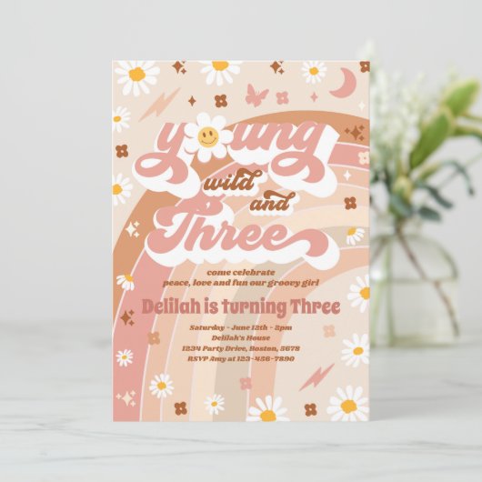 Young Wild and Three Hippie 3rd Birthday Party Kaart (Staand voorkant)