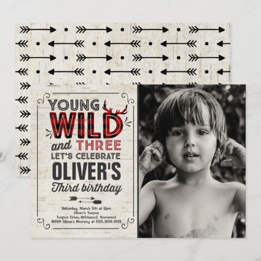 Young Wild and Three Invitation Rustic Lumberjack Kaart (Voorkant / Achterkant)