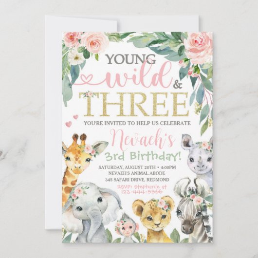 Young Wild and Three Invitation | Safari Birthday Kaart (Voorkant)