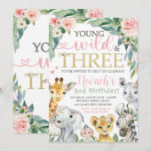 Young Wild and Three Invitation | Safari Birthday Kaart (Voorkant / Achterkant)