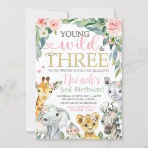 Young Wild and Three Invitation   Safari Birthday Kaart