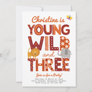 Young, Wild and Three Invite, Safari 3rd Birthday Kaart