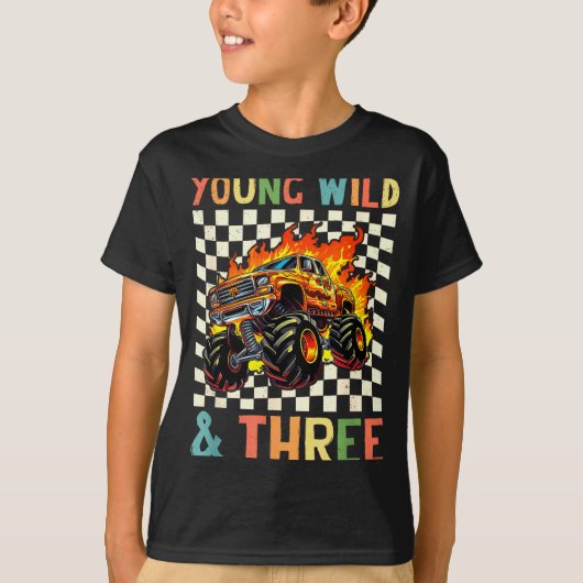 Young Wild And Three Monster Truck 3rd Birthday 3y T-shirt (Voorkant)