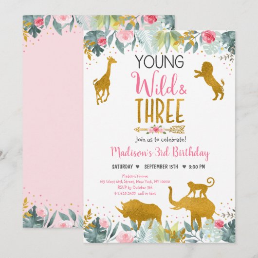 Young Wild and Three Pink Gold Safari Birthday Kaart (Voorkant / Achterkant)