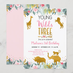 Young Wild and Three Pink Gold Safari Birthday Kaart