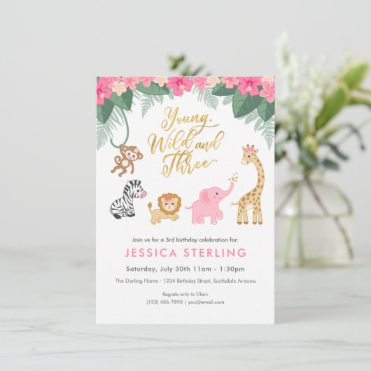 Young Wild and Three - Pink Safari Girl's 3de Kaart (Staand voorkant)