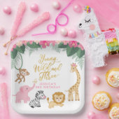 Young Wild and Three - Pink Safari Girl's 3de Papieren Bordje (Feest)