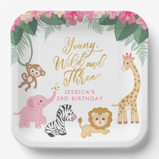 Young Wild and Three - Pink Safari Girl's 3de Papieren Bordje (Voorkant)