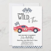 YOUNG Wild and Three Red Race Car Birthday  Kaart (Voorkant)