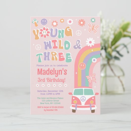 Young Wild and Three Retro Birthday Invitations Kaart (Staand voorkant)