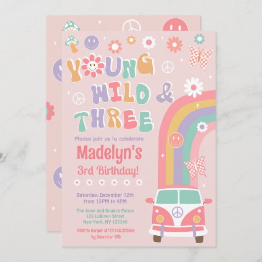 Young Wild and Three Retro Birthday Invitations Kaart (Voorkant / Achterkant)