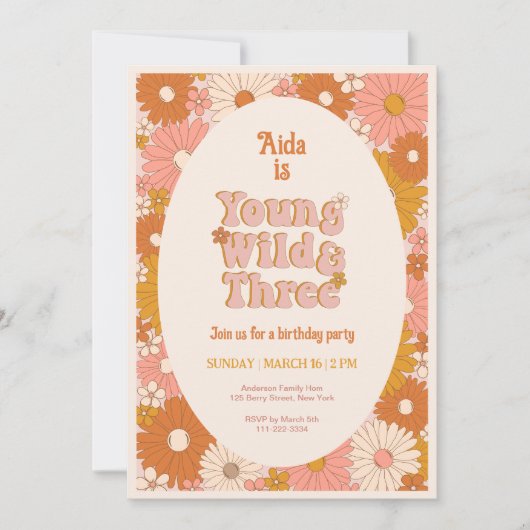 Young Wild and Three Retro Daisy 3rd Birthday Kaart (Voorkant)