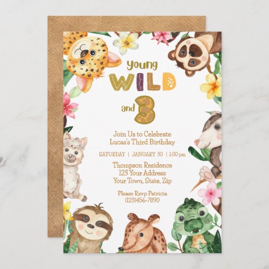 Young Wild and Three Safari Animal 3rd Birthday Kaart (Voorkant / Achterkant)