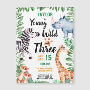 Young Wild and Three Safari Animal 3rd Birthday Magnetische Uitnodiging