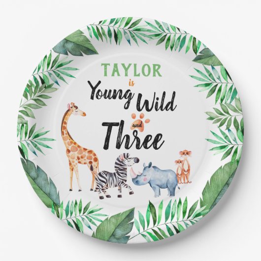Young Wild and Three Safari Animal 3rd Birthday Papieren Bordje (Voorkant)