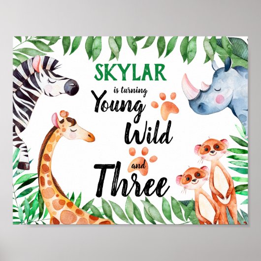 Young Wild and Three Safari Animal 3rd Birthday Poster (Voorkant)