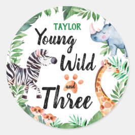 Young Wild and Three Safari Animal 3rd Birthday Ronde Sticker