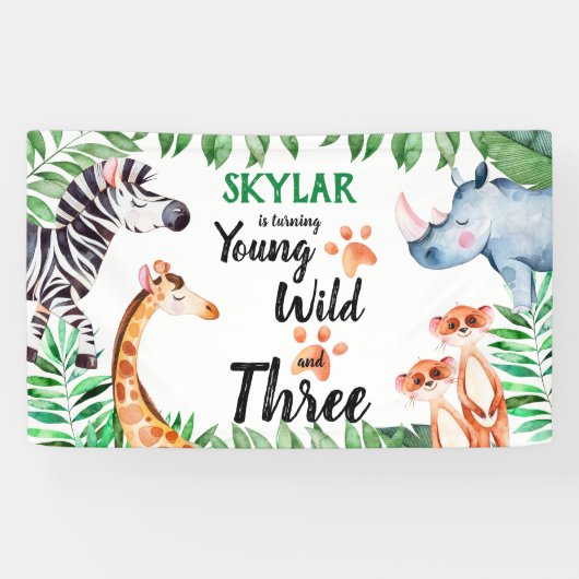 Young Wild and Three Safari Animal 3rd Birthday Spandoek (Horizontaal)