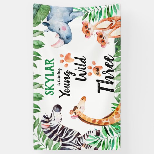 Young Wild and Three Safari Animal 3rd Birthday Spandoek (Verticaal)