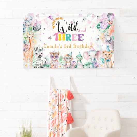 Young Wild and Three Safari Animal 3rd Birthday Spandoek (Insitu)